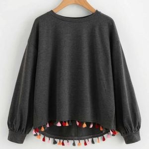 Colorful Tassel Trim Dip Hem Heathered Pullover